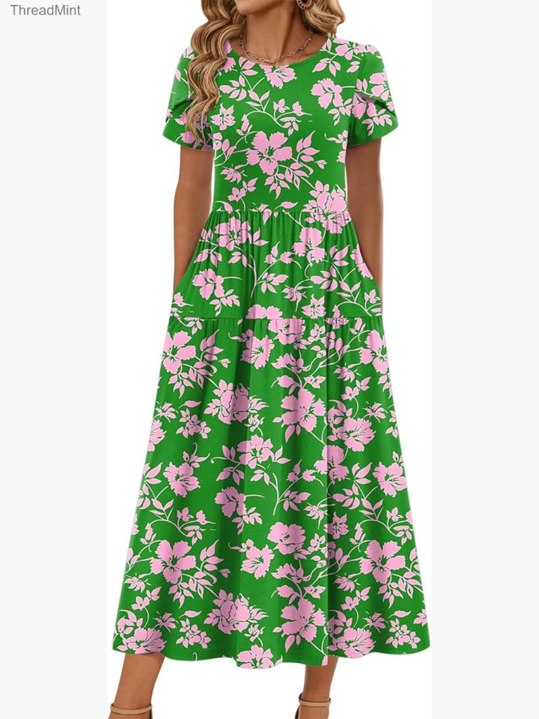 Maxi Dress With Pockets, Floral Print, Short Sleeve, Bohemian Style, Casual Wear